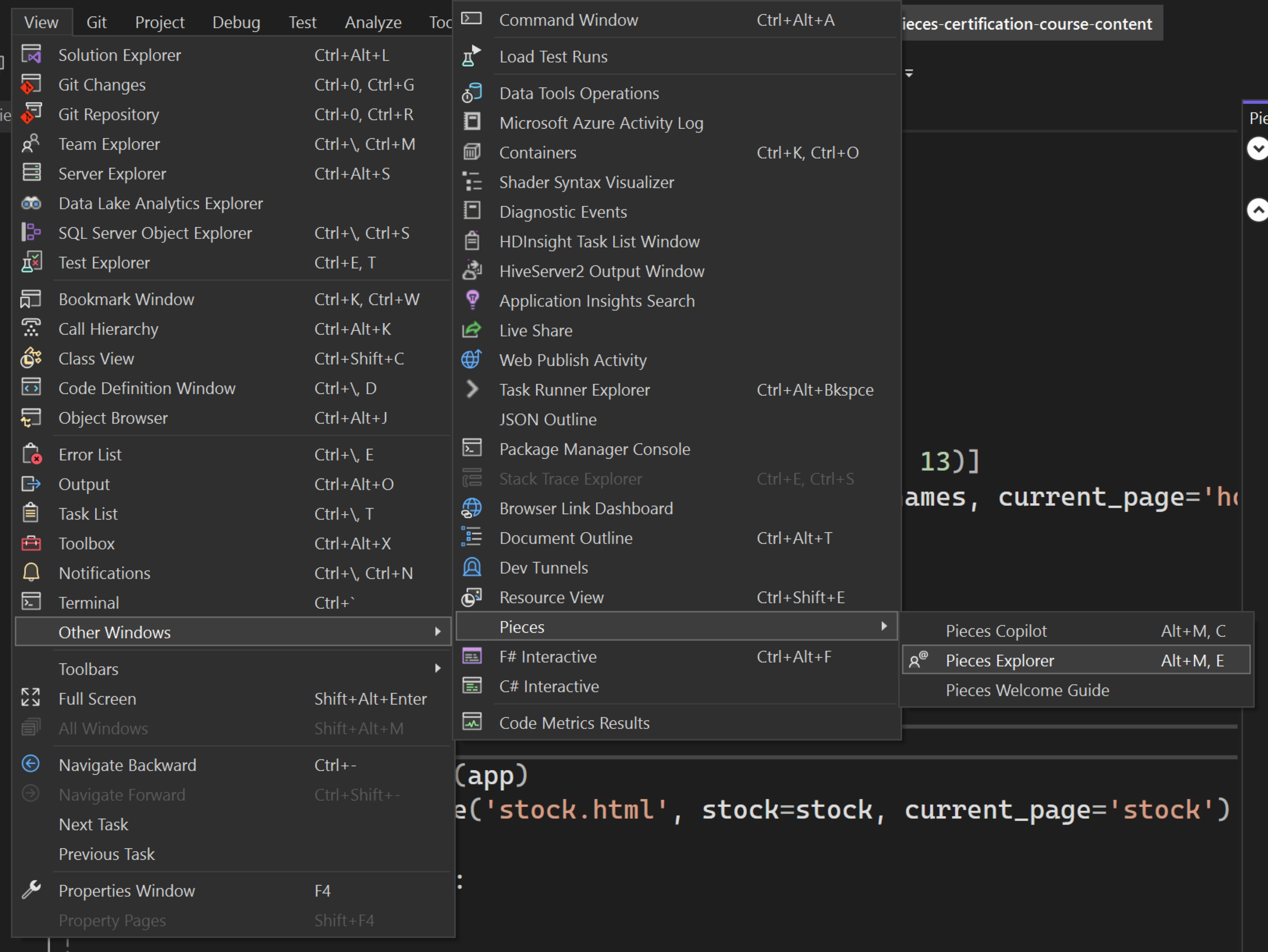 The Pieces Explorer menu option in the Visual Studio View Pieces menu